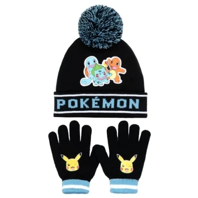 Imagen de Pokemon Conjunto de gorro y guantes invierno cálidos cómodos para niños Diseño Pikachu Perfecto 6 a 12 años Set regalo Negro/Azul