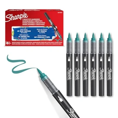 Imagen de SHARPIE Rotuladores acrílicos creativos al agua con punta de pincel Tinta sin borrones Escribe en la mayoría superficies Material escolar Verde Esmeralda 6 Piezas
