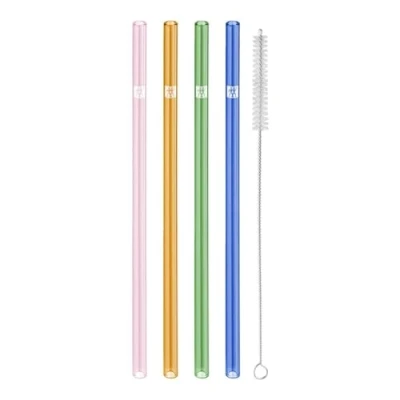 Imagen de ZWILLING Sorrento Pajitas de cristal sostenibles y reutilizables, borosilicato, para bebidas frías calientes, 4 unidades, longitud: 23 cm, forma curvada, color: multicolor, incluye