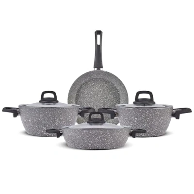 Imagen de Karaca Gris BioGranite Juego de ollas y sartenes granito 7 piezas, revestimiento antiadherente, apto para lavavajillas e inducción, granito, 3 con tapas vidrio