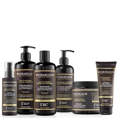 Imagen de Kerargan Kit Completo Anti Caída con Aceite de Ricino Para Cabello Seco Favorece el Crecimiento Sin Sulfatos, Parabenos, Siliconas 3x500ml + 100ml 350ml 250ml