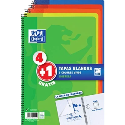 Imagen de Oxford Cuadernos A4, Tapa Extradura, Pizarra Write&amp;Erase, 80 Hojas, Cuadrícula 4x4, Pack 4+1 , Surtido colores tendencia