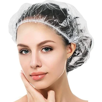 Imagen de Gorro de ducha desechable, plástico impermeable, transparente, protector pelo, para salón, spa, viajes, hotel, ducha, trenzas transparentes transparente