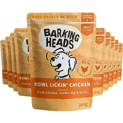 Imagen de Barking Heads Comida Húmeda para Perros Bowl Lickin&#039; Chicken Pollo de corral sin aromas artificiales, 85% Natural, Receta cereales enriquecida con vitaminas y minerales añadidos (10 x 300 g)