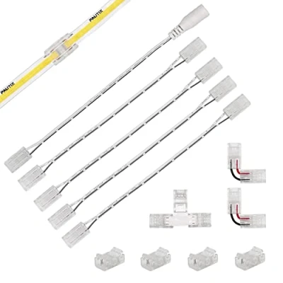 Imagen de COB LED Tira Conectores para 2pin 8mm COB, 4 Centrales Transparentes, 2 en Forma de L,1 T y Cables Extensión Doble Extremo 15cm con 1 Conector Hembra CC
