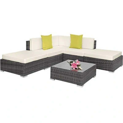 Imagen de TecTake® Conjunto Jardín en Ratán y Aluminio con Cojines de 10 cm, Terraza Resistente a la Intemperie, Muebles Exterior 3 Sillones, 1 Puf, Mesa Cristal, Fundas Extraíbles Gris
