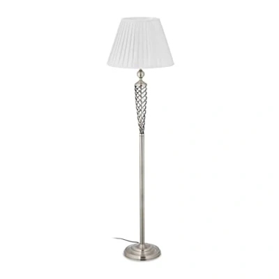 Imagen de Relaxdays Lámpara de Pie Estilo Antiguo, Pantalla Tela, Base Metálica Decorativa, Rosca E27, 157x42cm, Plateado y Blanco, Hierro