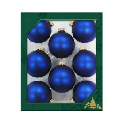Imagen de Juego de 8 Bolas para árbol Navidad, Color Azul Real, Satinado, 6,7 cm, con Corona Dorada + 50 Perchas rápidas en Oro, Gratis su Pedido