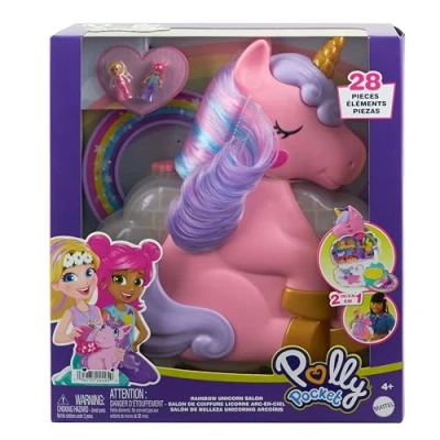 Imagen de Polly Pocket Salón de belleza Unicornio arcoíris Conjunto juego y busto para peinar, minijuguetes, 2 muñequitas, más 20 accesorios funciones con movimiento, HYD97