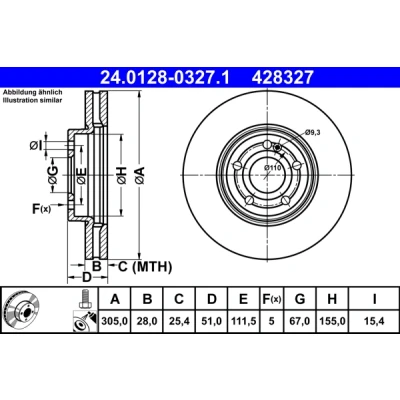 Imagen de ATE 24.0128 0327.1 Disco de freno 305,0 28,0 5 111,5 ventilado revestido altamente carbonizado con tornillos MERCEDES BENZ: Clase B, A