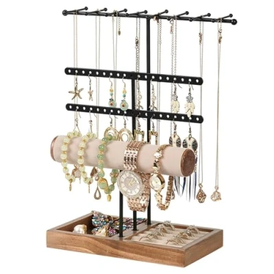 Imagen de Rubessia Joyero, Expositor de Joyas, Organizador Joyas Metal y Madera, Soporte Joyería, Pendientes, Pendientes para Collares, Pulseras, Anillos (A)