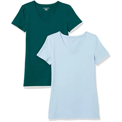 Imagen de Amazon Essentials Camiseta de Cuello en v Manga Corta y Ajuste Clásico Mujer, Pack 2, Verde Oscuro/Azul Celeste Claro, L