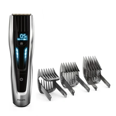Imagen de Cortapelos serie 9000 de Philips, afeitadora eléctrica y recortador para hombres, control táctil digital, potencia máxima, corte pelo perfecto, cuchillas titanio, 400 posiciones longitud, 120 min. uso sin cable, modelo HC9450/15