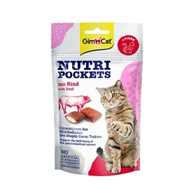 Imagen de GimCat Nutri Pockets con carne de vacuno Crujiente snack para gatos relleno cremoso e ingredientes funcionales 1 bolsa (1 x 60 g)