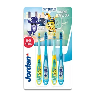 Imagen de Jordan* Step 3 Cepillo de dientes para niños 6 a 9 años con cerdas suaves, mango ergonómico doble y sin BPA Color azul amarillo Pack 4 unidades
