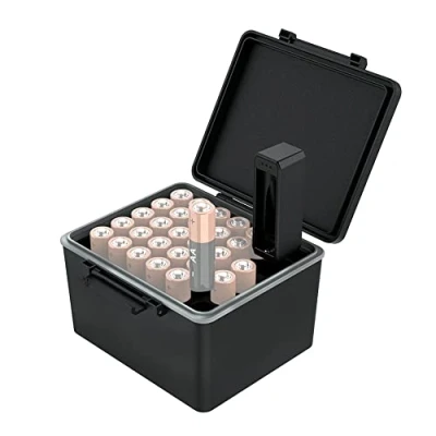 Imagen de JJC 28 Fächer AA Batterie Organizer Aufbewahrungskoffer mit Batterietester, Wasserabweisender Harthalter Batterien abnehmbarem Batterieprüfer für