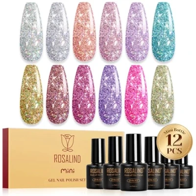Imagen de ROSALIND Esmaltes Semipermanentes Purpurina, 12 Colores Plateado Rosa Azul Dorado Morado Glitter Pintauñas Semipermanentes,Soak Off Mini UV/LED de Uñas Brillantina Manicure Regalo