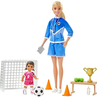 Imagen de Barbie Quiero Ser Entrenadora de Fútbol con Niña Morena, Muñeca Accesorios (Mattel GLM47), Multicolor