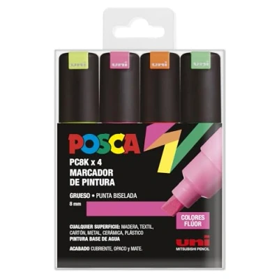 Imagen de UNI Posca Estuche de 4 Rotuladores PC8K Colores Flúor Punta Biselada Gruesa