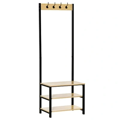 Imagen de HOMCOM Perchero de Pie Metálico Zapatero con 3 Estantes y 4 Ganchos para Colgar Ropas Pasillo Entrada 60x40x175 cm Negro Natural
