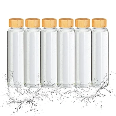 Imagen de Relaxdays 6 Botellas Agua Reutilizables 500ml, Vidrio Borosilicato, con Funda, Tapa Bambú Hermética, Transparente/Negro, Silicona, 24 x 7,5 cm