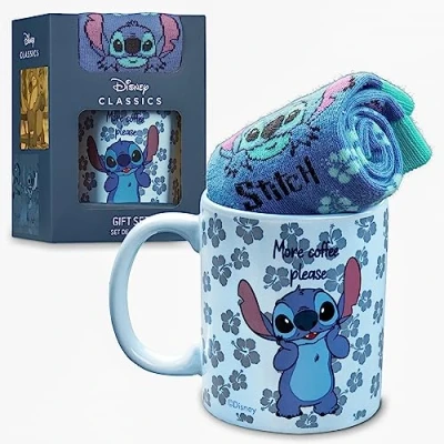 Imagen de Disney Taza Set Tazas y Calcetines Mickey Minnie Marie Aristogatos Lilo Stitch Regalos (Azul Stitch)