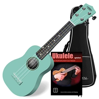 Imagen de Classic Cantabile US 100 TQ Ukelele soprano turquesa, set en negro con funda y manual