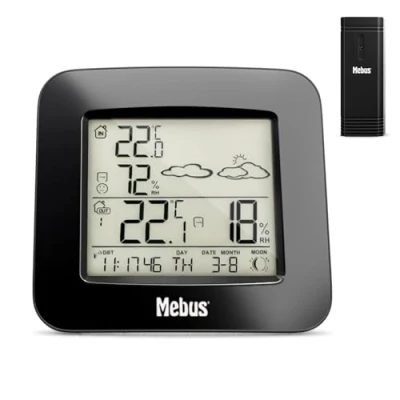 Imagen de MEBUS Funk Wetterstation mit Außensensor Thermometer Hygrometer Wettervorhersage Mondphasen Wettertrend, Alarm Weckwiederholung, Kalender/Material: Kunststoff/Farbe: Schwarz/Modell: 40715