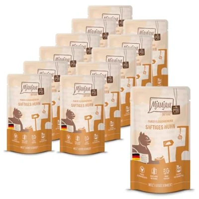 Imagen de MjAMjAM comida húmeda premium para gatos Quetschie jugoso puro de pollo, pack 12 (12 x 125 g), sin cereales con extra carne