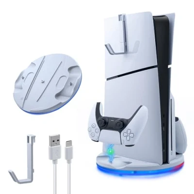 Imagen de Mcbazel Soporte Vertical Slim para PS5 con Luz Ambiental LED, Base de Carga Rápida Controladores Dual la Consola Juegos Playstation 5 DE/UHD Blanco