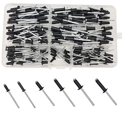 Imagen de WeqeYent 200 remaches ciegos de aleación aluminio M5/M4/M3.2, kit surtido pop, 6 tamaños para construcción componentes metal, madera y plástico (negro)