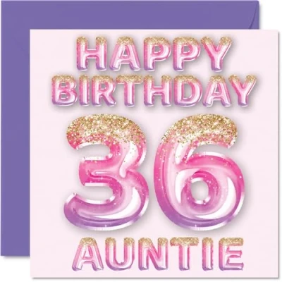 Imagen de Tarjeta de cumpleaños número 36 para tía, globos purpurina rosa y morada, tarjetas feliz tía años sobrino sobrina, felicitación 145 mm x