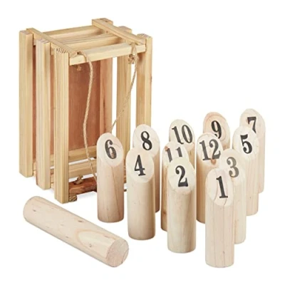 Imagen de Relaxdays Kubb, Juego de Madera Escandinavo, Caja Transporte, Niños y Adultos, Ajedrez Vikingo, Exterior, Natural