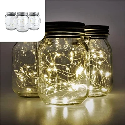 Imagen de Gadgy ® Lámpara Solar Mason Jar Tarro Cristal Set Luces de Hadas 3 Pzs 20 LED’s Luz Blanca Cálida Jarra Jardín Exterior Interior Colgar Farol