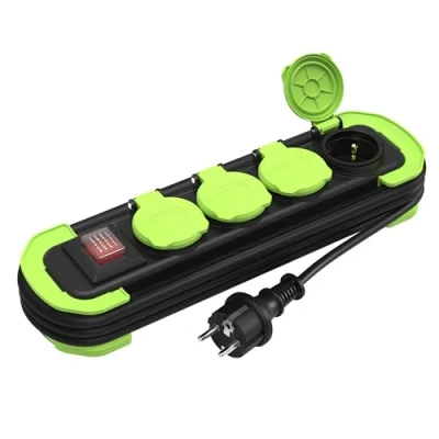 Imagen de MutecPower Regletas enchufes IP44 regleta 4 con Interruptor para Exterior, alargador Tomas Contacto de protección Tapas y Cable Enrollable 3m 16A/250V H05RR F3G1,5 Negro/Verde
