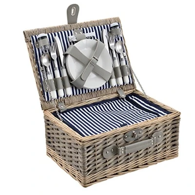 Imagen de casa.pro Cesta de pícnic para 4 Personas Set con Nevera, Incluye Platos, Cubiertos, sacacorchos y Vasos (Blanca/Azul)