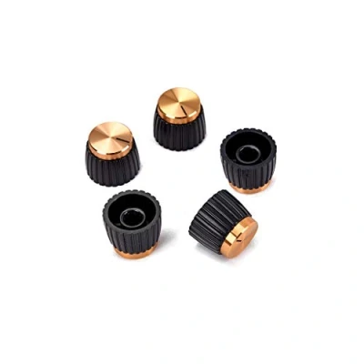Imagen de Alnicov 5 perillas de ajuste a presión para amplificador guitarra, color negro con tapa aluminio dorado, se adapta amplificadores ollas 6 mm diámetro