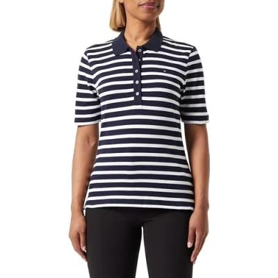 Imagen de Tommy Hilfiger 1985 REG Pique Stripe Polo SS WW0WW39531 Polos de Manga Corta, Azul (Breton Desert Sky/Ecru), XS para Mujer