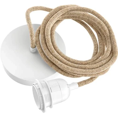 Imagen de Hoopzi Hang 1 Lamparas de Techo Colgante 2,5 Metros Cable Electrico Trenzado Portalámparas E27 Para el Salón, Dormitorio, Cocina Cuerda y Blanco