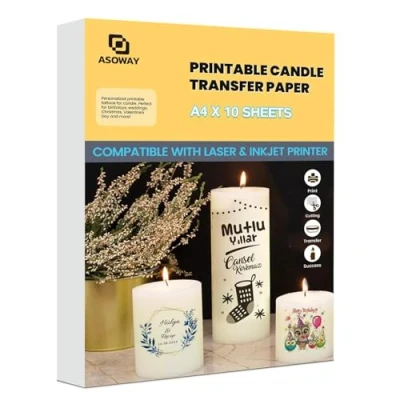 Imagen de Papel de Transferencia imprimible para velas, pegatinas velas impresoras láser y inyección Tinta 10 Set A4, Personalizados DIY Tatuajes navidad &amp; bautizo boda