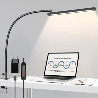 Imagen de Lámpara Escritorio LED con Pinza, 14W de Mesa cuello cisne, 1100LM Arquitecto, 10 Niveles Brillo X 5 Modos Regulable, Lámparas para Oficina, Lectura, Estudio