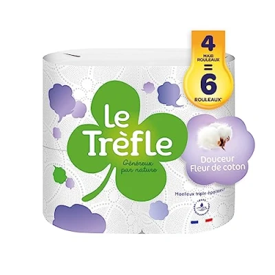 Imagen de Le Trefle Douceur Fleur de coton Papel higiénico 4 rollos máximos = 6 clásicos Loción con extractos algodón Embalaje reciclable Certificado FSC® Mixto