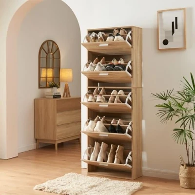 Imagen de [en.casa] Armario Zapatero Sykkylven Organizador de Zapatos con 5 Puertas para 20 Pares Mueble Entrada Pasillo 169 x 60 24 cm Roble Sonoma