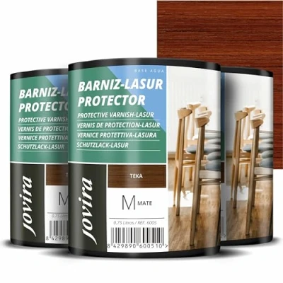 Imagen de JOVIRA PINTURAS BARNIZ LASUR Protector Mate al Agua. Protege, decora y embellece todo tipo de madera. (3x750 Mililitros, Teka)