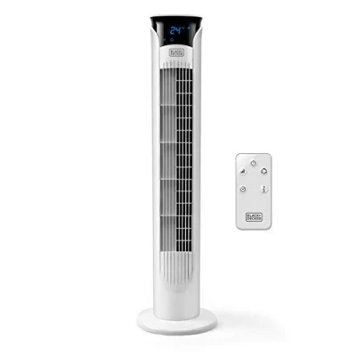 Imagen de Black+Decker BXEFT48E Ventilador de torre digital oscilante y silencioso con mando a distancia. 81cm altura. 3 velocidades. modos. Temporizador 12h. Temperatura ambiente. Potente. Blanco.