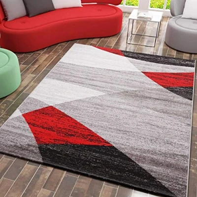 Imagen de VIMODA Alfombra Moderna de diseño con Dibujo geométrico en Gris, Blanco, Negro y Rojo Material Certificado ÖKO Tex, Maße:160x220 cm