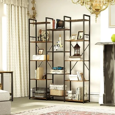 Imagen de YITAHOME Estantería, Librería Alta de pie para Libros con 14 estantes y Ganchos, Estante Almacenamiento Estructura Metal Estable, Sala Estar, Oficina en casa, Marrón Rústico