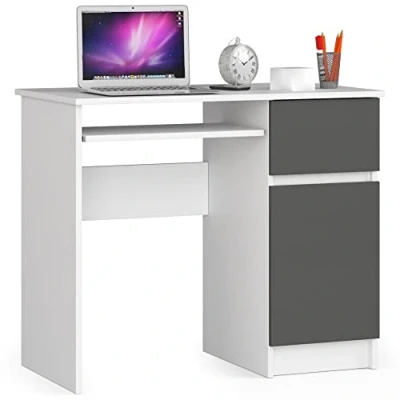 Imagen de AKORD Escritorio con Estante para Teclado de Oficina Cajón y Contenedor en el Lado Derecho Computadora PC Portátil 90x77x50 cm 30 kg Blanco &amp; Gris Grafito