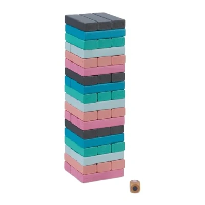 Imagen de Relaxdays Juego Torre de Madera, 54 Bloques para Apilar con Dado, Diseño 6 Colores, 26,5 x 7,5 cm, Multicolor
