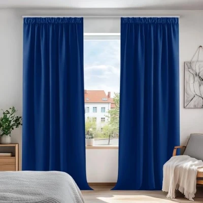 Imagen de Deconovo Cortinas Opacas con Aislamiento Térmico para Sala de Estar Oficina Hotel Ventanas Bolsillo Barra 2 Paneles 132 x 214 cm Azul Oscuro